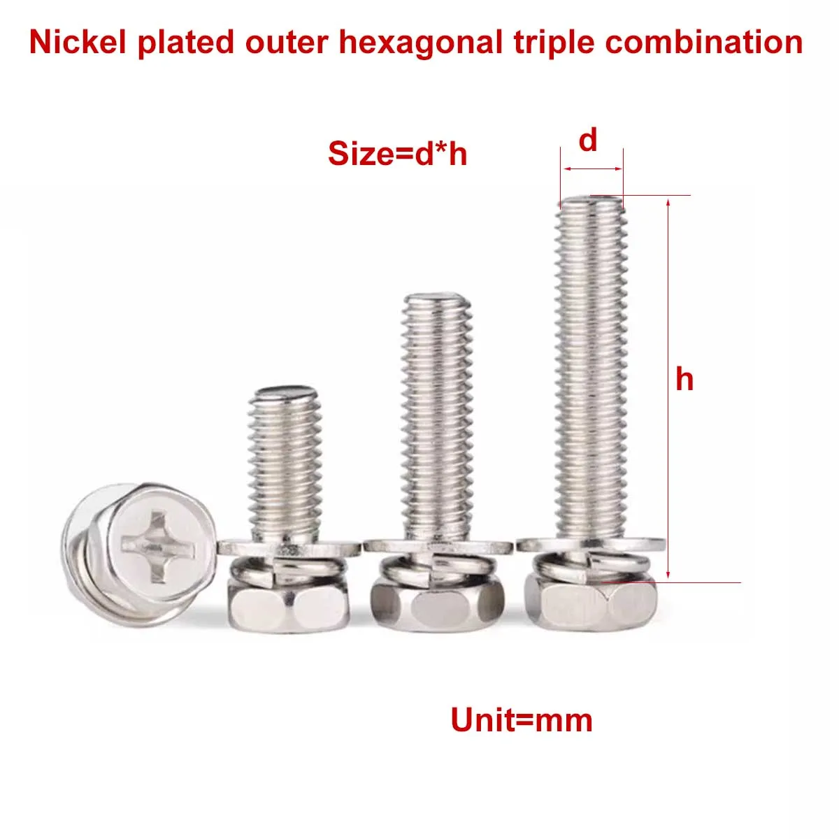 

Iron Plated Nickel Cross Groove External Hexagonal Triple Combination Screw/Flat Washer Spring Concave Hole Combination Bolt