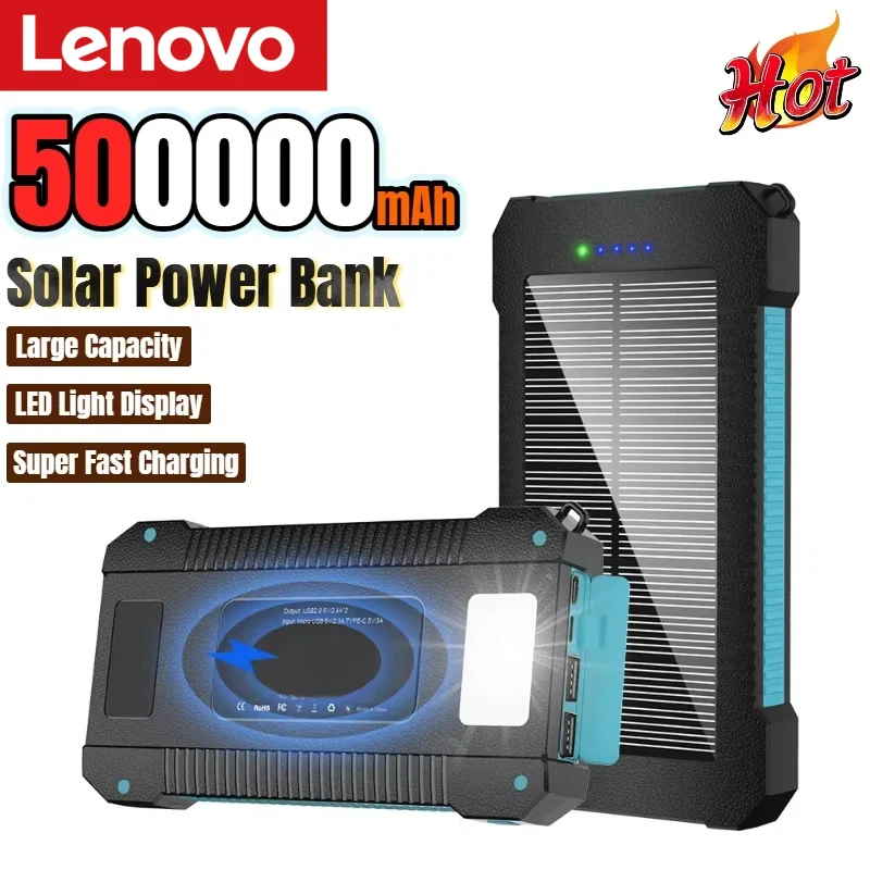 Lenovo 500000mAh Solar Power Bank Large Capacity Super Fast Charging Outdoor Portable ExternaI Battery for iPhone Huawei Samsung