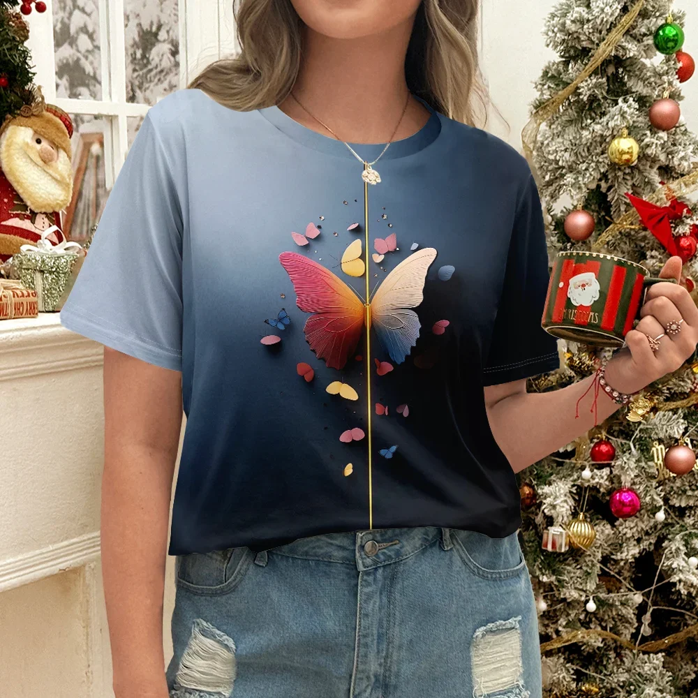 

Черная женская повседневная футболка с красочным узором бабочки, летняя стильная классическая уличная одежда с круглым вырезом и короткими рукавами Y2K