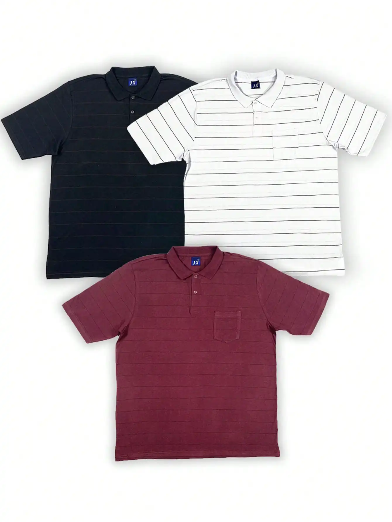 Plus Size Men's KIT with 3 Striped Wine, White and Black Polo Shirts