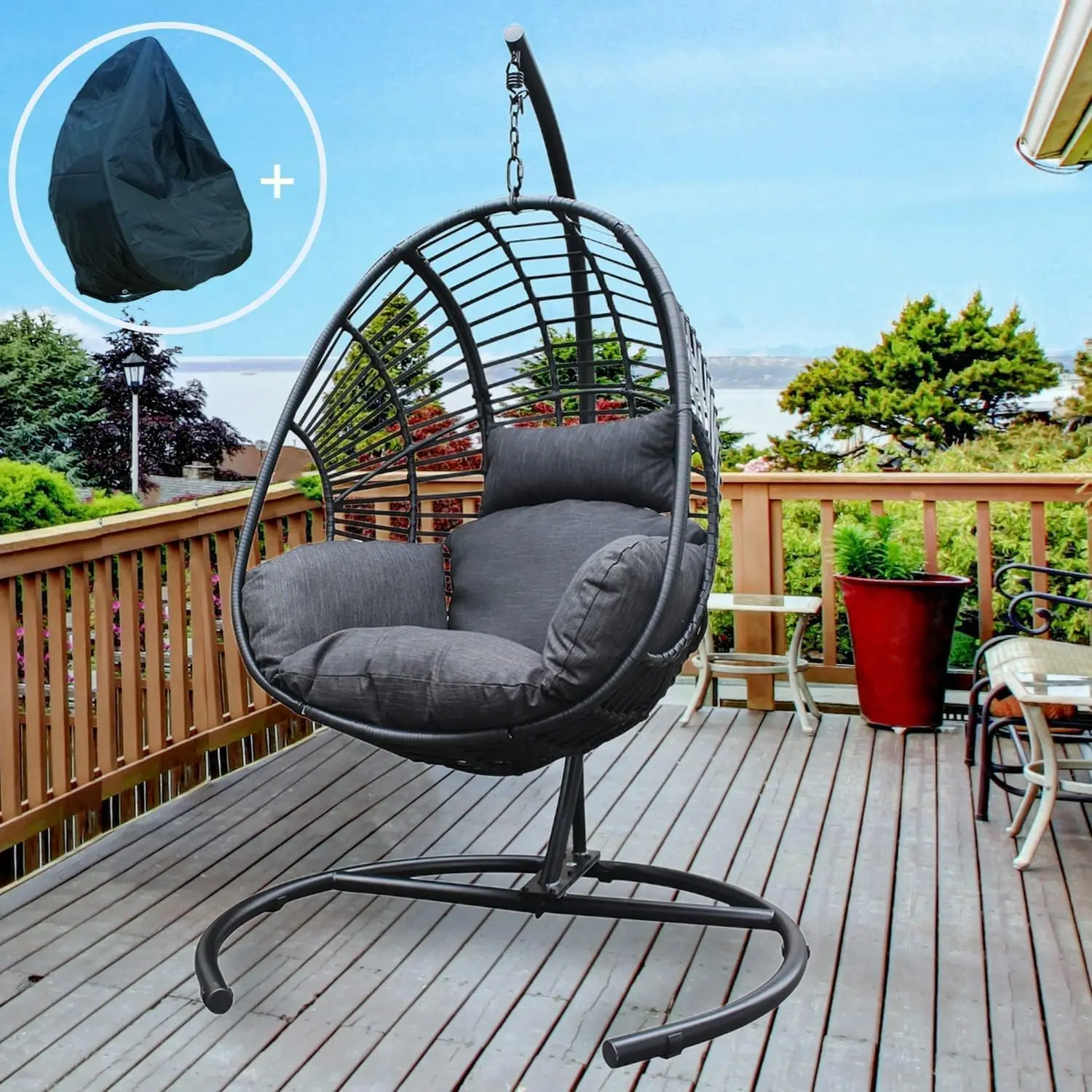 

Hanging Egg Chair Outdoor Indoor Black PE Wicker Swings Hammock Egg Chairs with Antracite Cushion and Black Base Stand for Patio