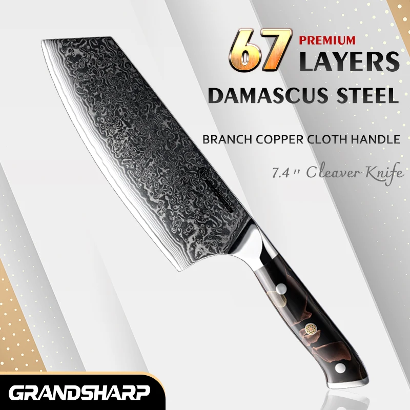 Grandsharp 7.3 Inch Cleaver Knife Professional 67 layers 10Cr15CoMov Damascus Steel Cutting Tools Chopping Knife Chef's Knives