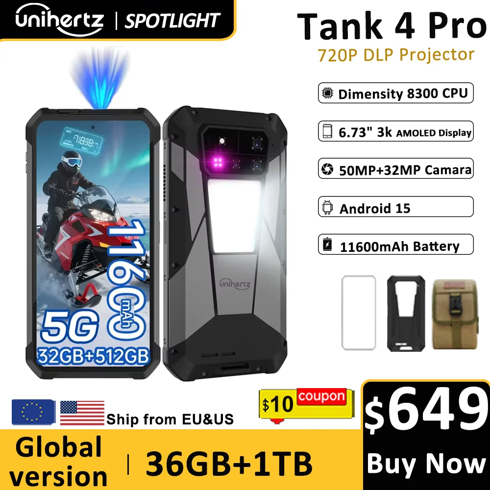 Unihertz Tank 4 pro 8849 Smartphone Android 14 with 720P Projector 5G AI Dimensity 8300 1TB ROM 3K AMOLED 11600mAh 120W Charger