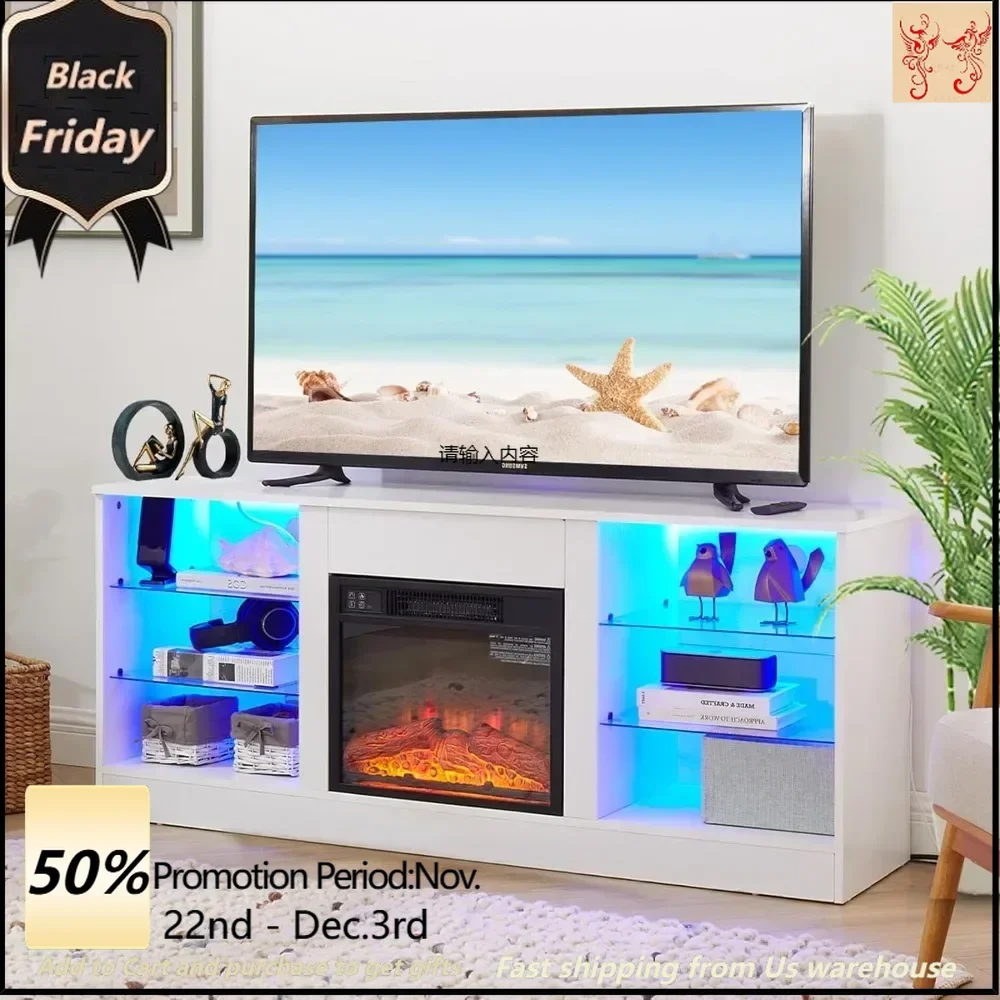 Mueble TV con chimenea con luces LED, consola TV moderna con chimenea eléctrica en salón dormitorio, para televisores de hasta 65".