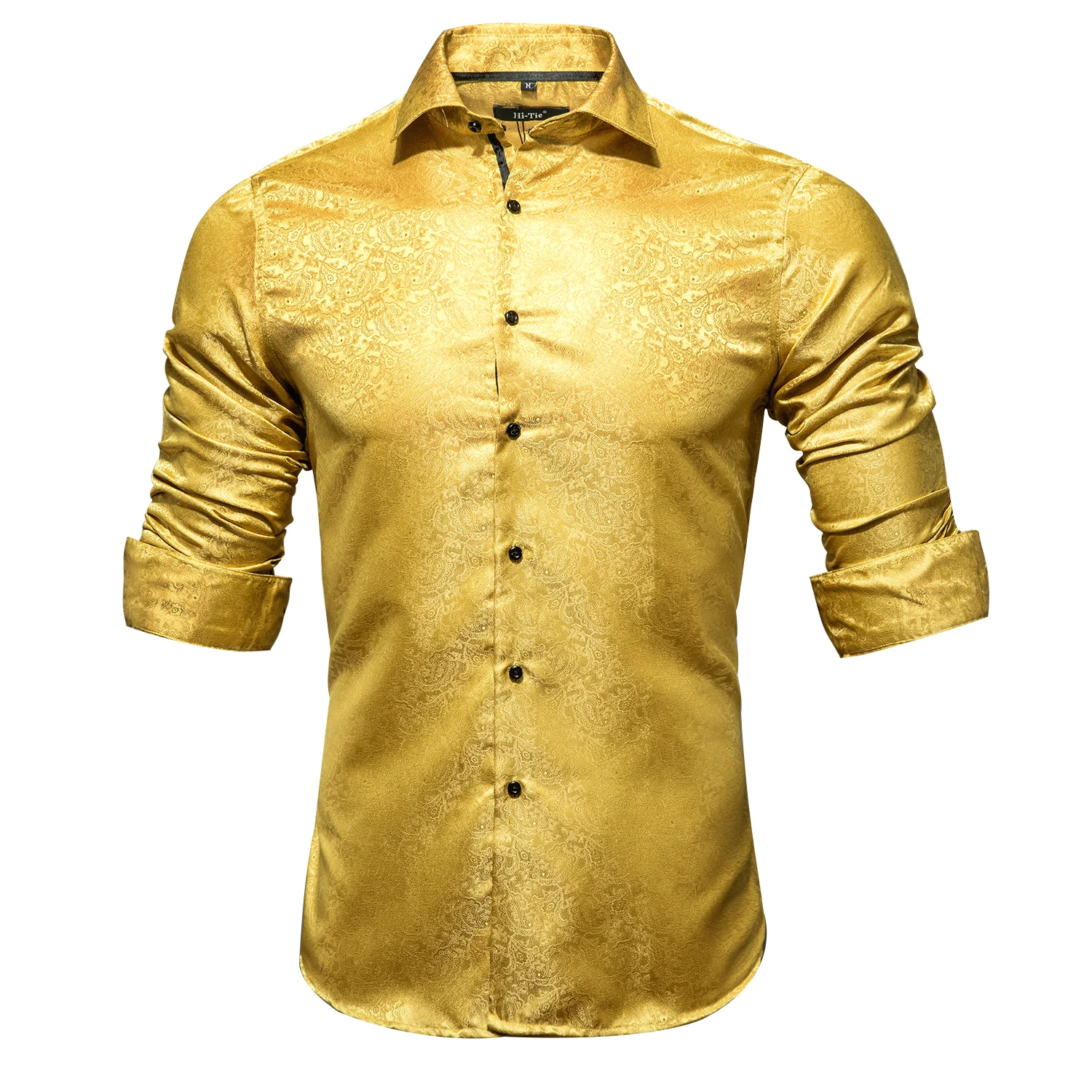 Hi-Tie Luxury Silk Men\'s Shirts Long Sleeve Slim Fit Lapel Shirt For Men Gold Green Blouse Hawaii Beach Wedding Business Gifts