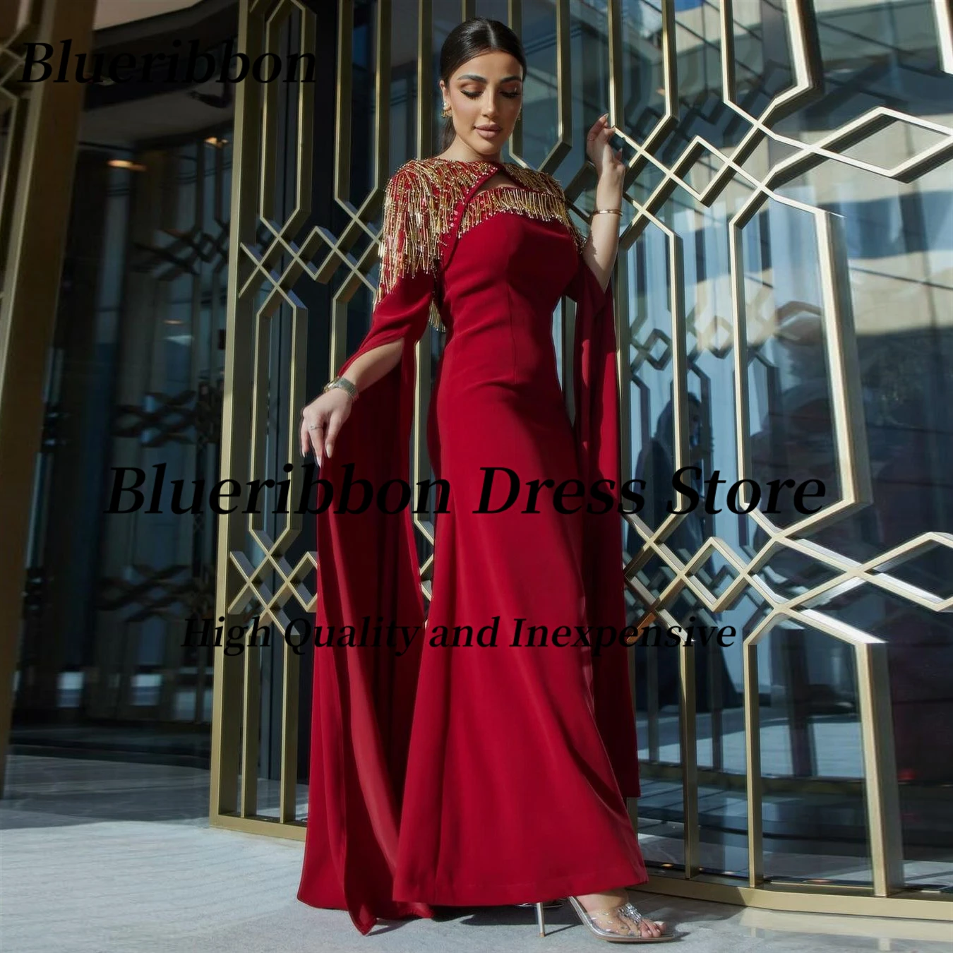 Blueribbon Saudi Arabia Evening Party Dresses Strapless Long Prom Dress with Beading Long Sleeves Wraps Formal Occasion Gowns