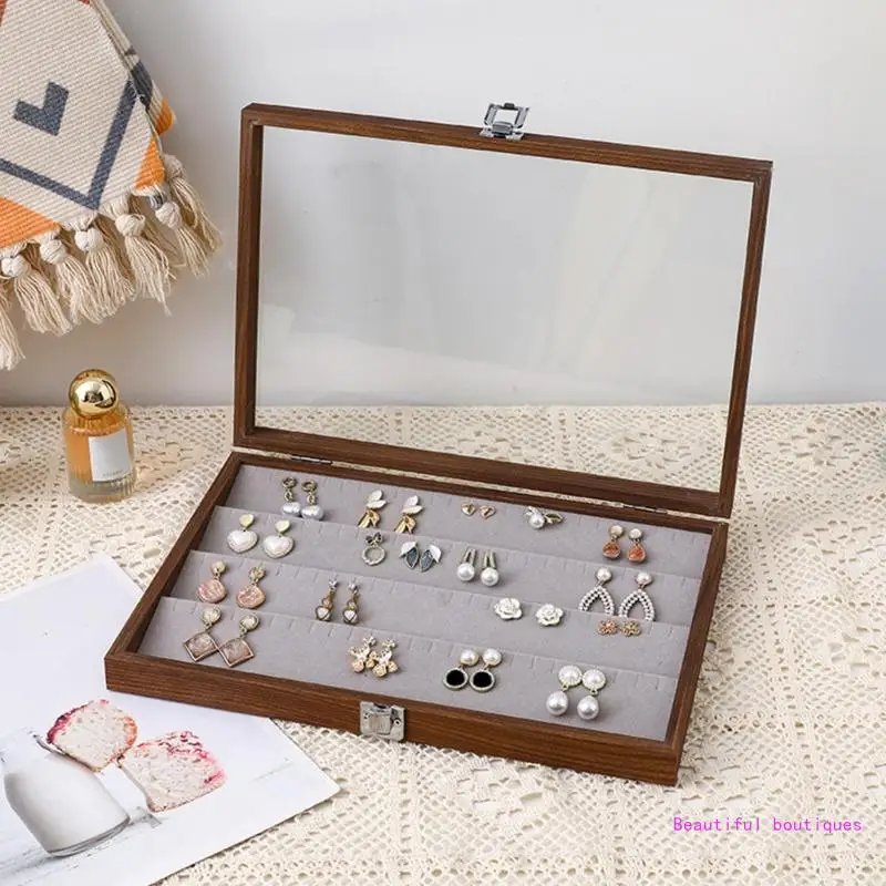 Multipurpose Jewelry Organizers Box Wood Earring Organizers Box with Multi Slots and Clear Lid for Accessory Display DropShip