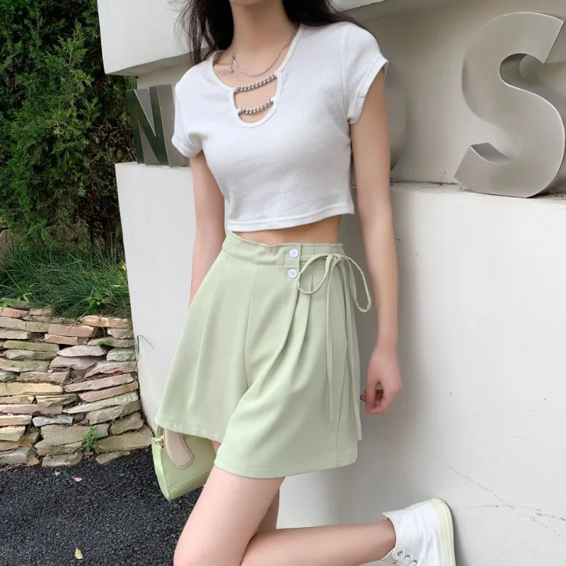 Shorts for Women Wide-leg Solid High Waist Ice Silk Lace-up Irregular Shorts Leisure Thin Loose Office Work Five-point Pants