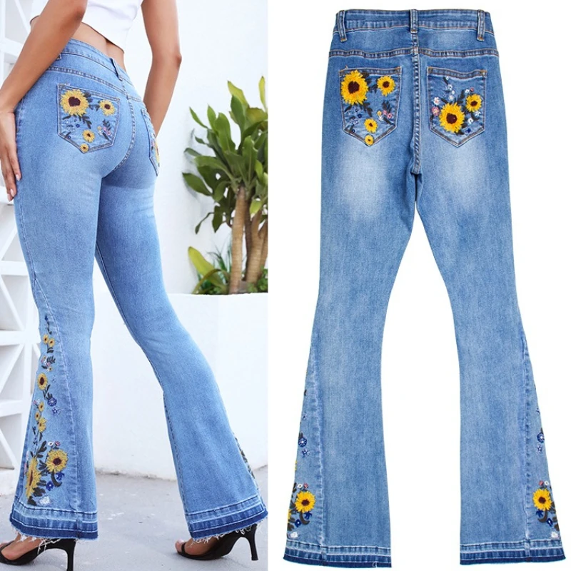 Damen-Denim-Schlaghose mit leichter Waschung, niedliche Sonnenblumen-Stickerei, Distressed-Rips, hohe Taille, schmale Passform, trendige Freizeitjeans