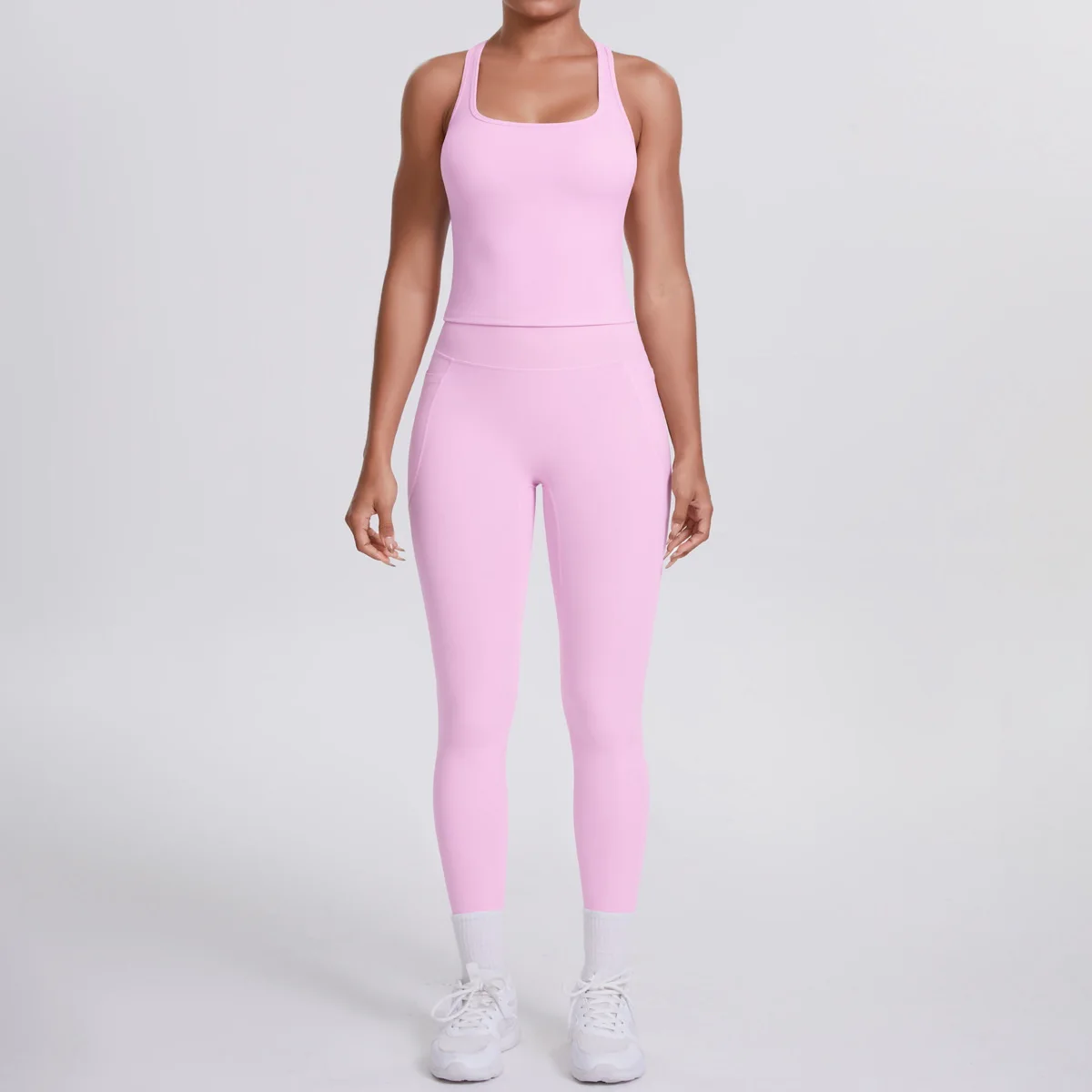 Women's Yoga Suit Brushed Nude Feel Fabric I-shaped Beautiful Back Vest Pocket Leggings Running Fitness Exercise Set