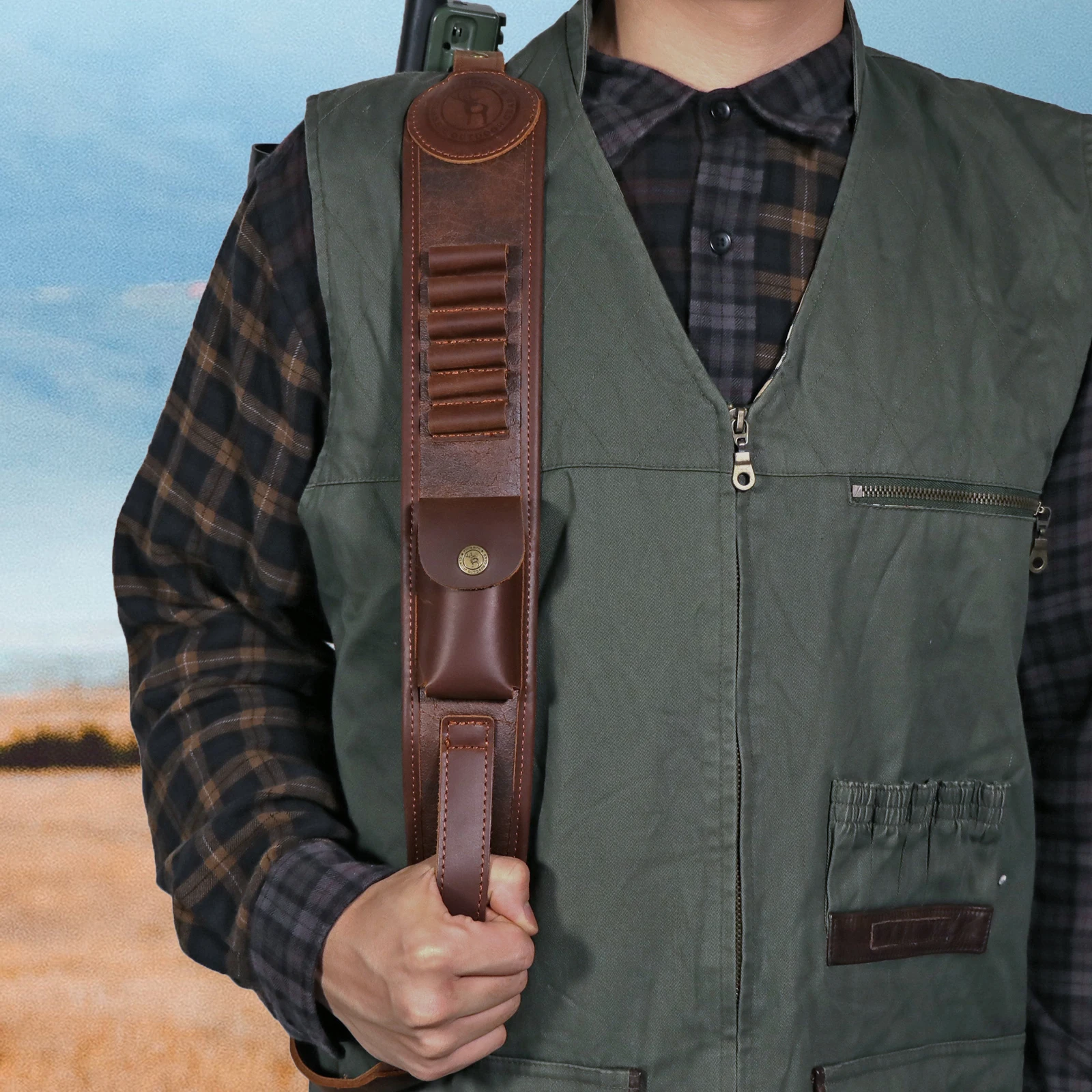 

Tourbon Hunting Accessories Rifle Sling PU Leather Gun Shoulder Strap with Ammo Shell Holder for caliber .30-30 .308 Shooting