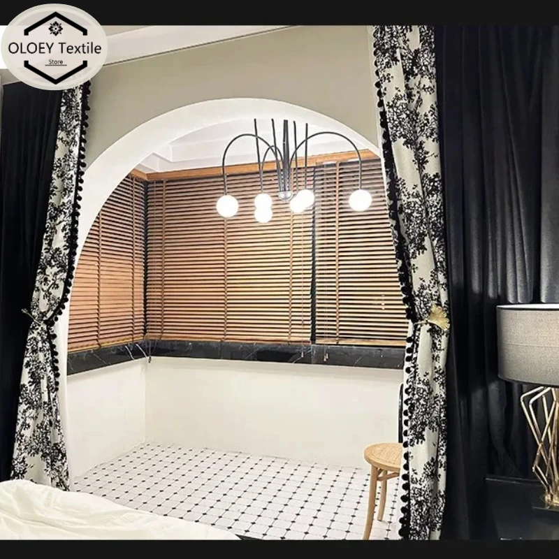 

Black Velvet White Tulle Curtains for Living Room Retro French Patchwork Embroidered Pompon Blackout Lace Window Decor Drapes