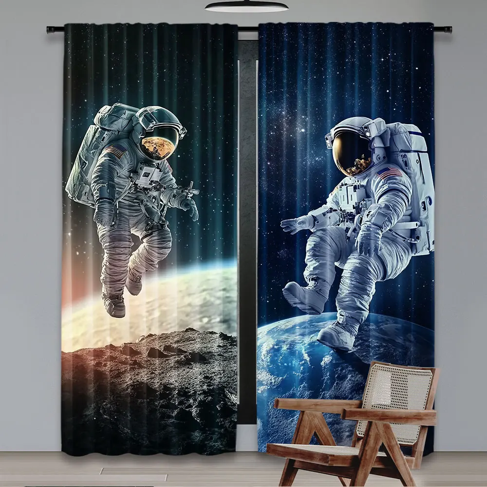 2Pcs Vibrant Astronaut Print Curtains Unique Space Themed Curtains Suitable For Bedroom Bathroom Living Room Dining Room Study