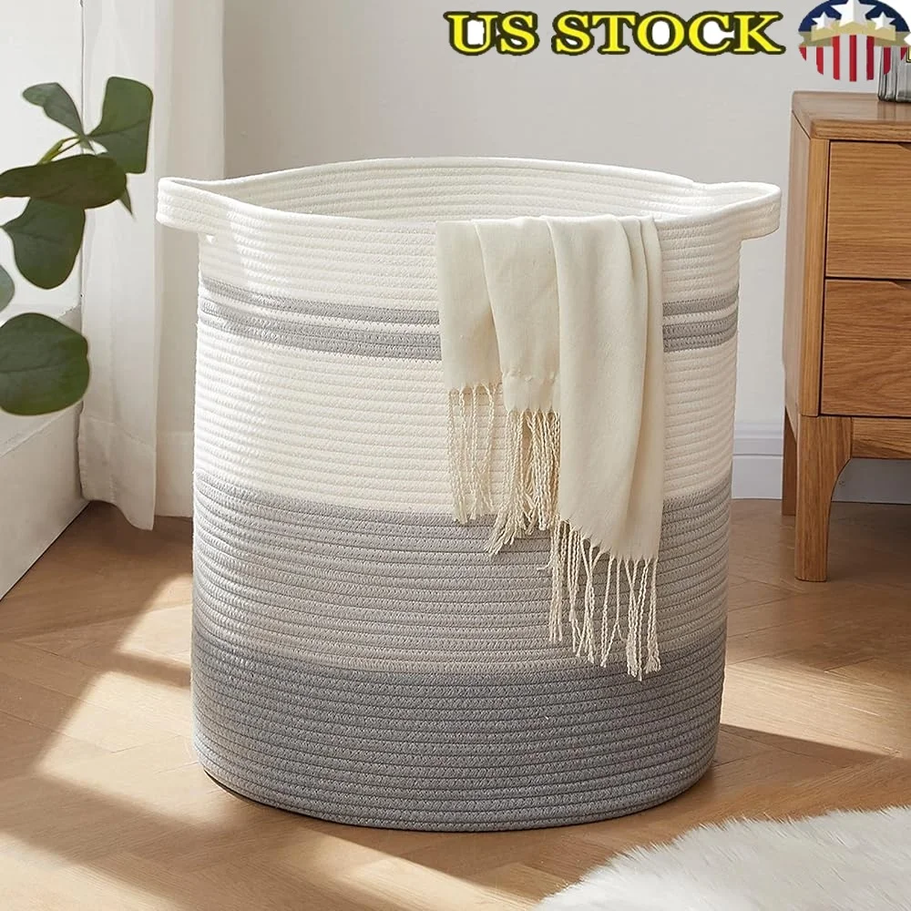 

80L Woven Laundry Hamper with Handles Portable Collapsible Storage Basket Toys Blankets Pillows Safe Kids Durable Cotton