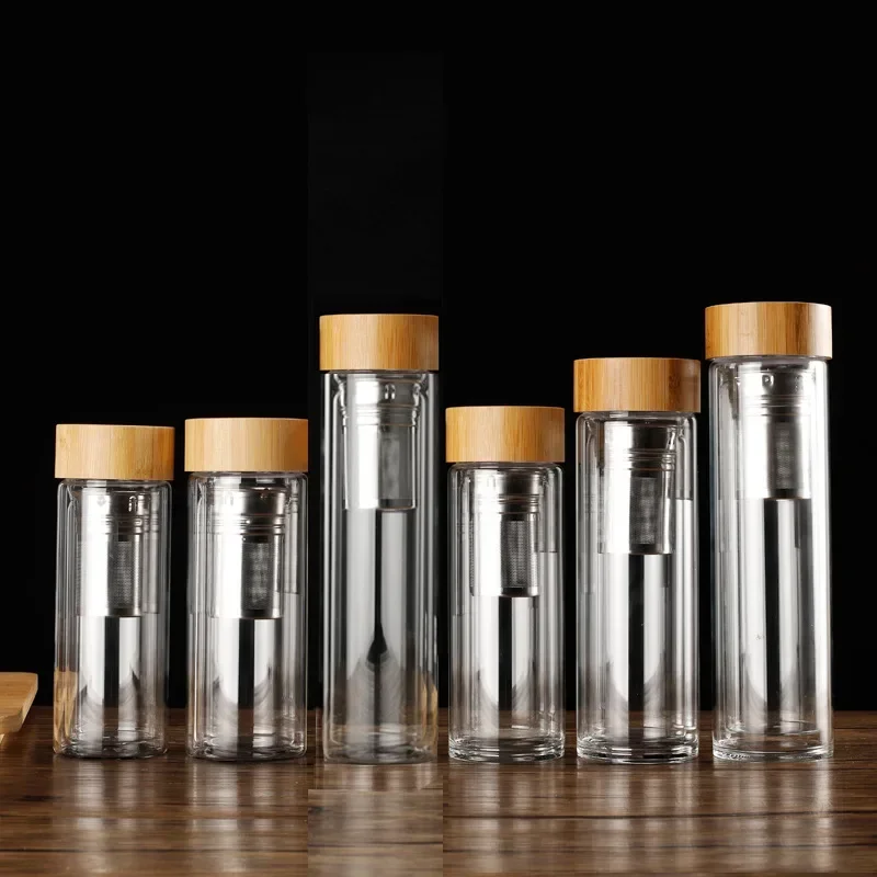 Stainless Steel Double Wall Glass Water Bottle Filters Bamboo Lid Travel Home Tea Infuser Office Thicken Teacup 300/400/500ML