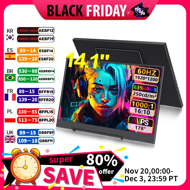 

14.1 inch FHD Portable Monitor 1920x1200 IPS USB-C HDMI for PC Laptop Phone PS5 Switch, HDR Eye Care, Speakers, VESA Mount