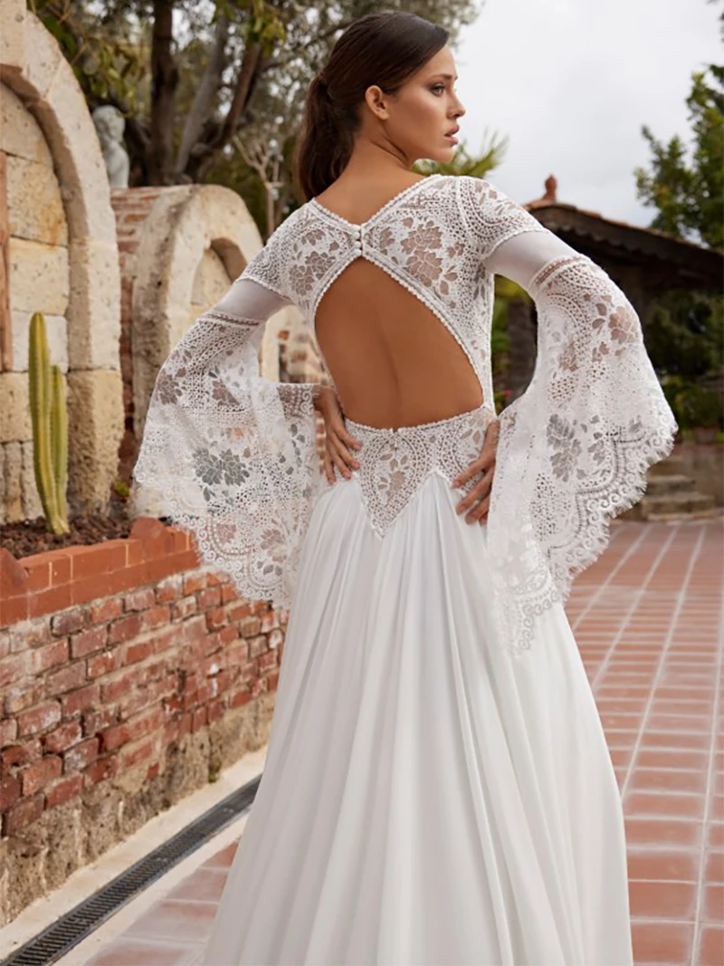 Robe de mariée en mousseline de soie, style Boho, bord de mer, fente haute, manches chauve-souris, col en v profond, dos creux, ligne A, grande taille, 2021