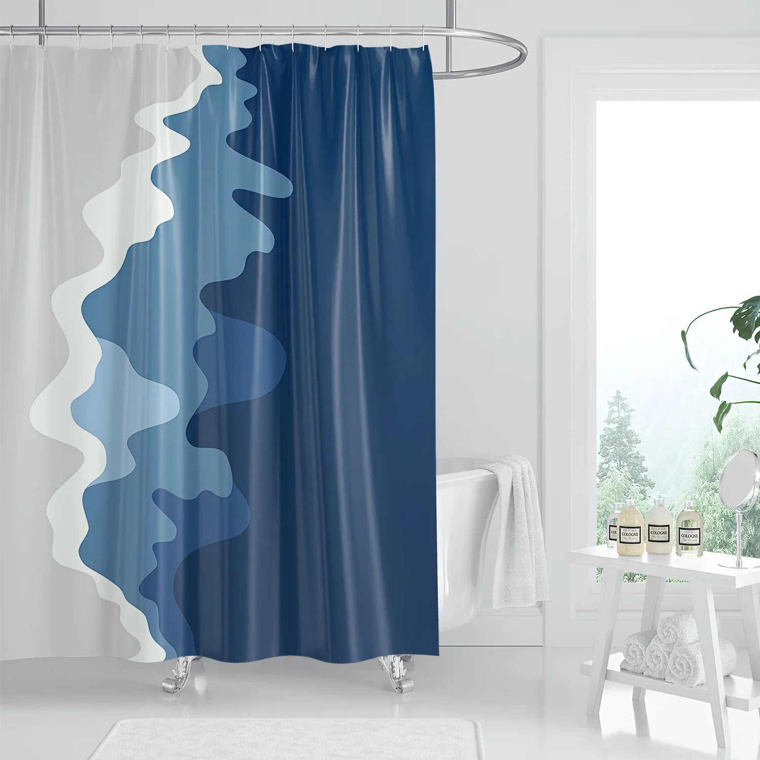

Modern Abstract Wave Shower Curtain, Blue & White Color Block, Polyester, Machine Washable, Contemporary Bathroom Decor