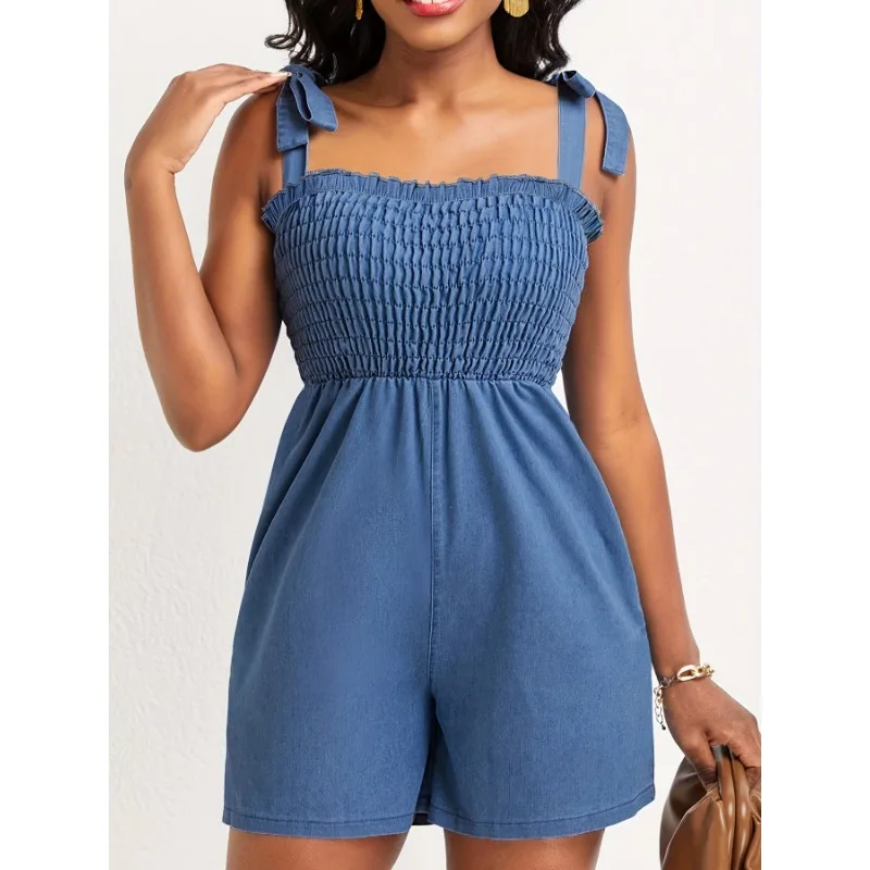 2024 Summer New Fashion Women's Solid Pleated Pocket Design Denim Short Jumpsuit Female Casual Sleeveless Loose Suspender Romper