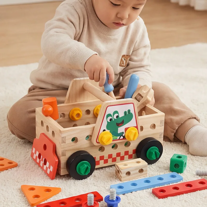 Wooden DIY Tool Bus Toy Montessori Screw Nut Assembly Toy Educational Construction Engineering Vehicle Game Kids Learning Gift