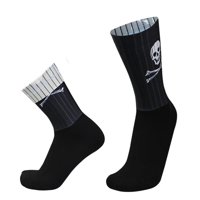 Sports Non-slip Silicone Seamless Aero Cycling Socks Breathable Skull Pattern Road Bike Racing Socks