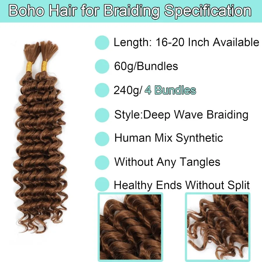 مزيج الشعر البشري الاصطناعية مجعد بوهو الشعر للتضفير 20 بوصة بوهو الضفائر 4 حزم 110 جرام حزمة الرطب والمموج موجة عميقة