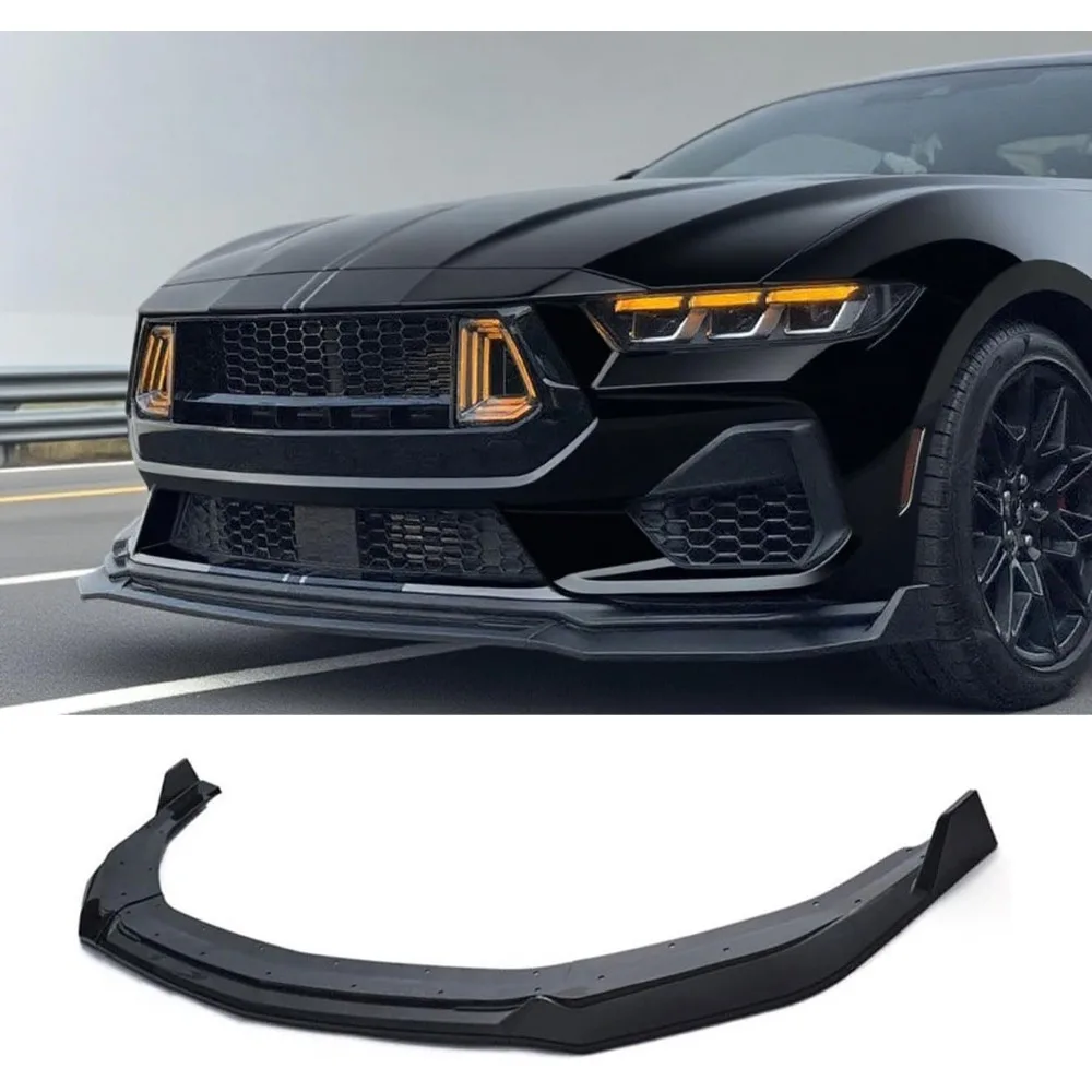 طقم سبويلر للمصد الأمامي باللون الأسود اللامع لـ 2024-2025 Ford Mustang EcoBoost GT مكون من 3 قطع
