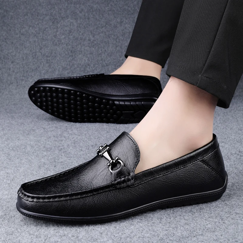 

Spring Metal Buckle Casual Shoes Adult Men's Genuine Leather Loafers Shoes Soft Sole Comfortable Wedding Moccasin Driving Shoes