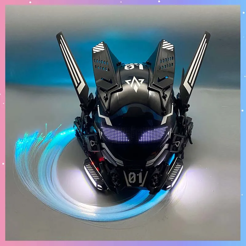 Cyber Punk Mask Cosplay Sci-Fi Mech Warrior With LED Screen And Light Braid Halloween Party Costumes Coser Props Adult Gift