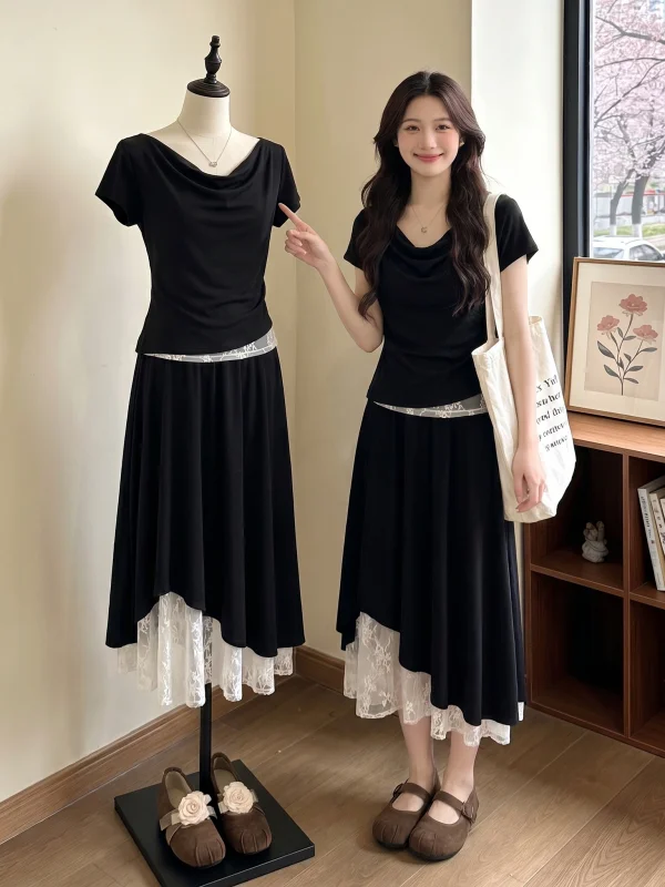 

plus Size Women's Black Lace Halter Neck Two-Piece Set Slimming Fashion Summer Outfit Casual Commute Style Regular Sleeve T-S...