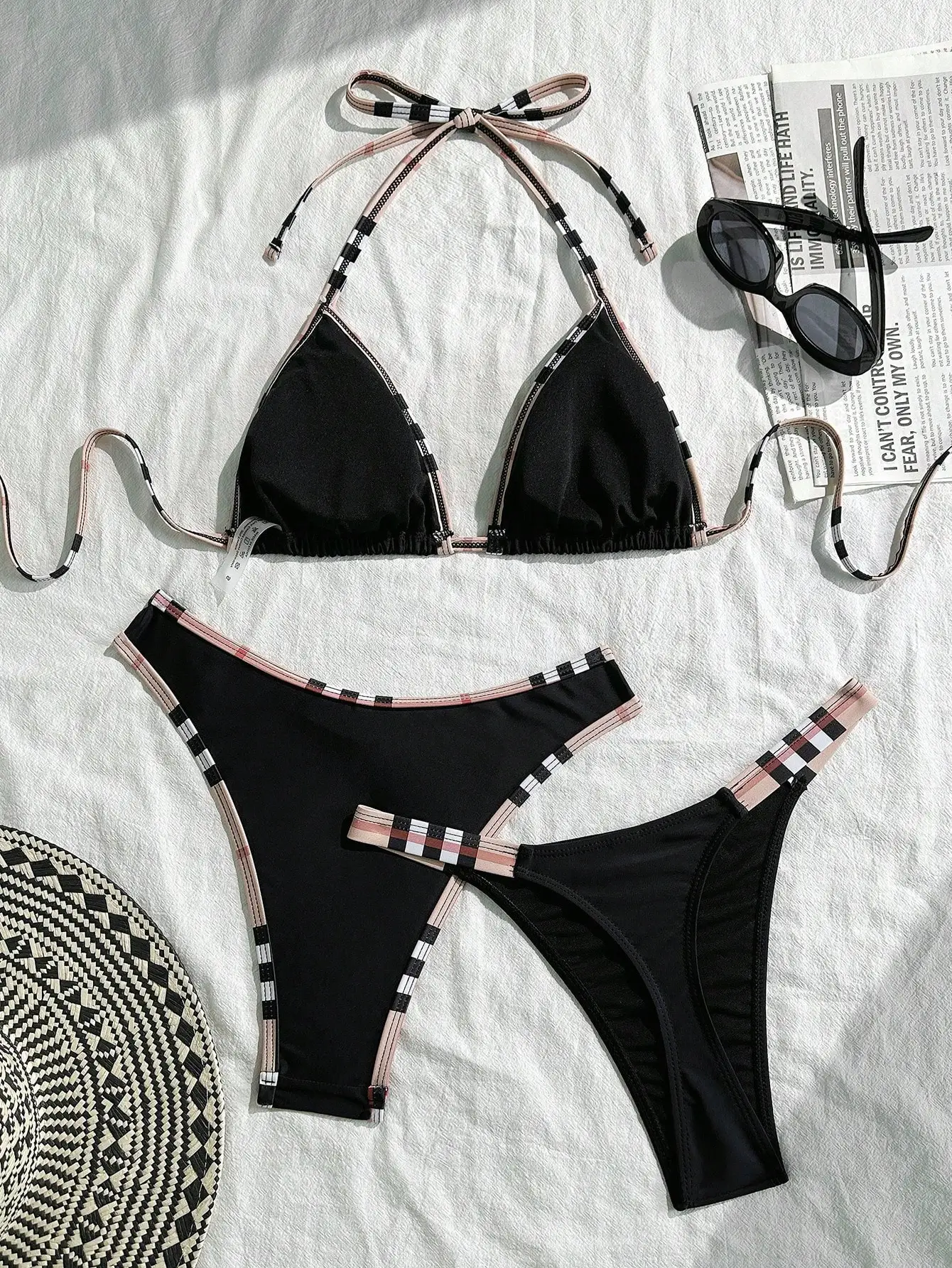 

Черный комплект бикини из 3 предметов с клетчатой отделкой для женщин, пляжная одежда для отпуска