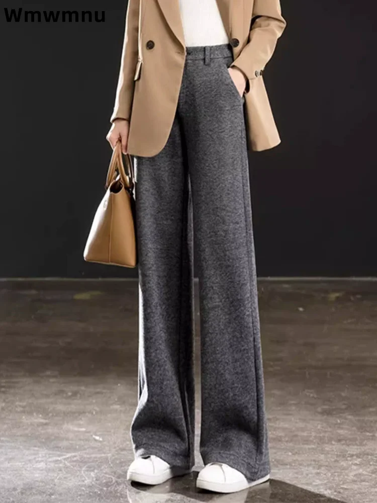 

Шерстяные прямые брюки, женские повседневные мешковатые брюки с высокой талией, корейские модные широкие свободные брюки, Hosen