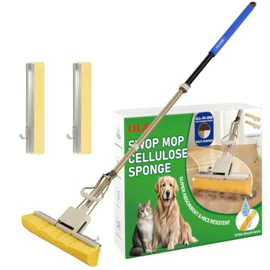 

Cellulose Sponge Mop for hardwood and laminate floors, blue handle with 4-color coding, super absorbent pop-up roller design, i