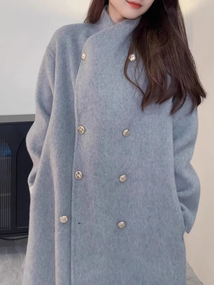 ZMEENNA 女性のロングウールコートエレガントな冬ラペルジャケットシックなアウターウェア暖かいダブルブレスト全身オーバーコート ZM3720