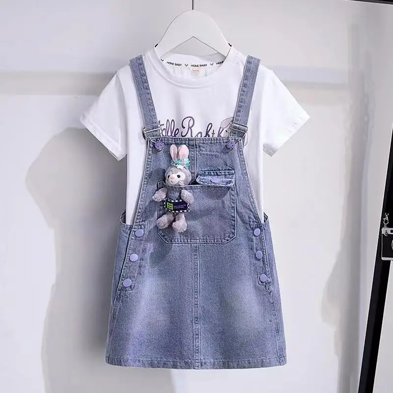 

Kids Girls Denim Strap Dress Set Summer 2023 New Mid sized And Big Boys' Fashionable Cartoon Short Sleeve Dress