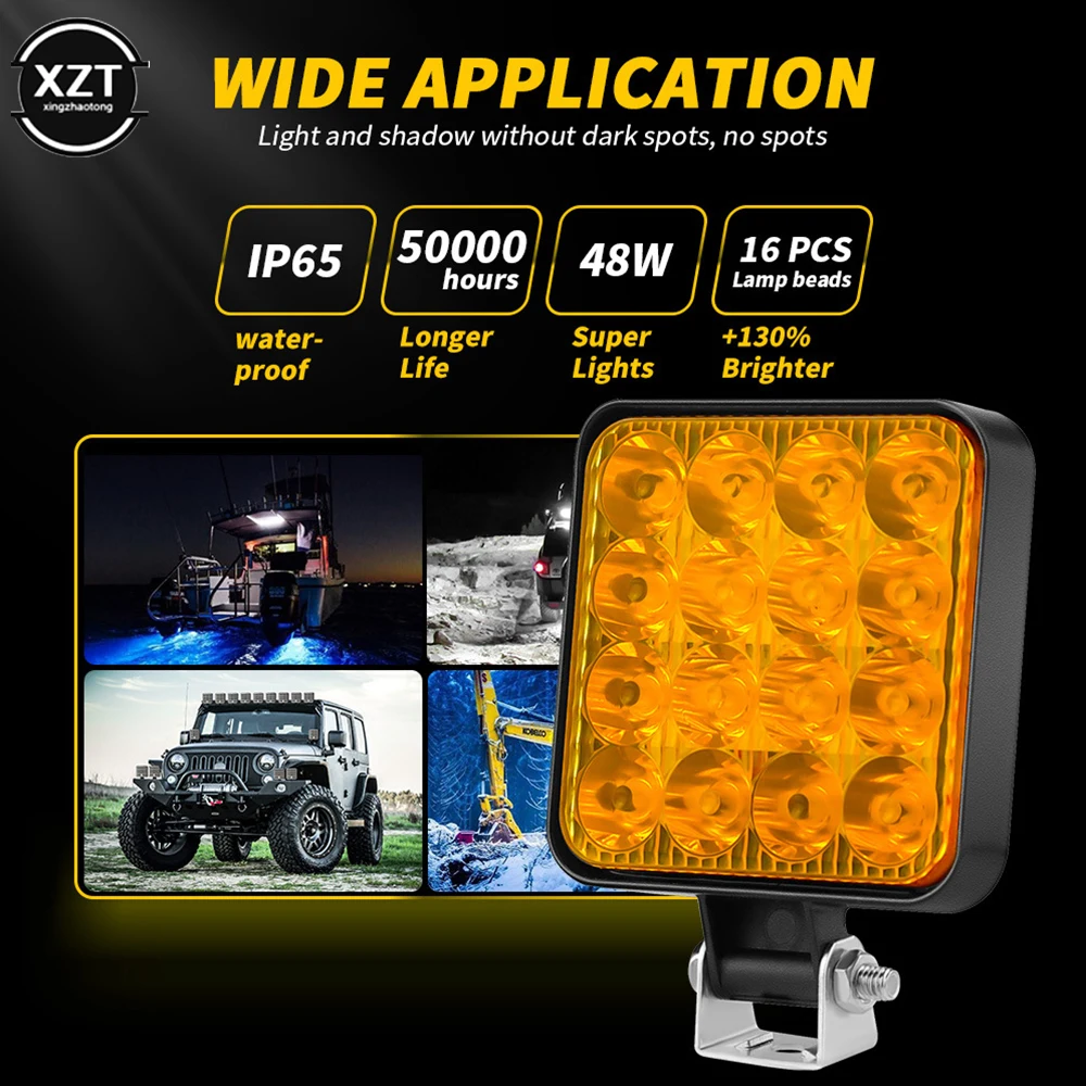 12V 48W Mini Square LED Worklight Offroad Work Light for Car Auto 16 LED Spotlight for Truck Tractor Light Bar Fog Lamp SUV ATV