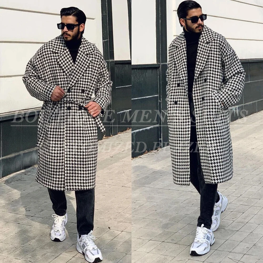 

Houndstooth Men's Suits Blazer Fashion Double Breasted Notch Lapel Long Jacket Luxury Male Clothing Outfits 1 Piece Coat Costume