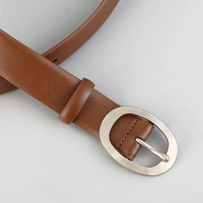 2026 Spring Design Real Leather Jeans Belts Adult Unisex Silver Metal Oval Buckle Waist Belts Brown Plain Cowskin Cinturon Mujer