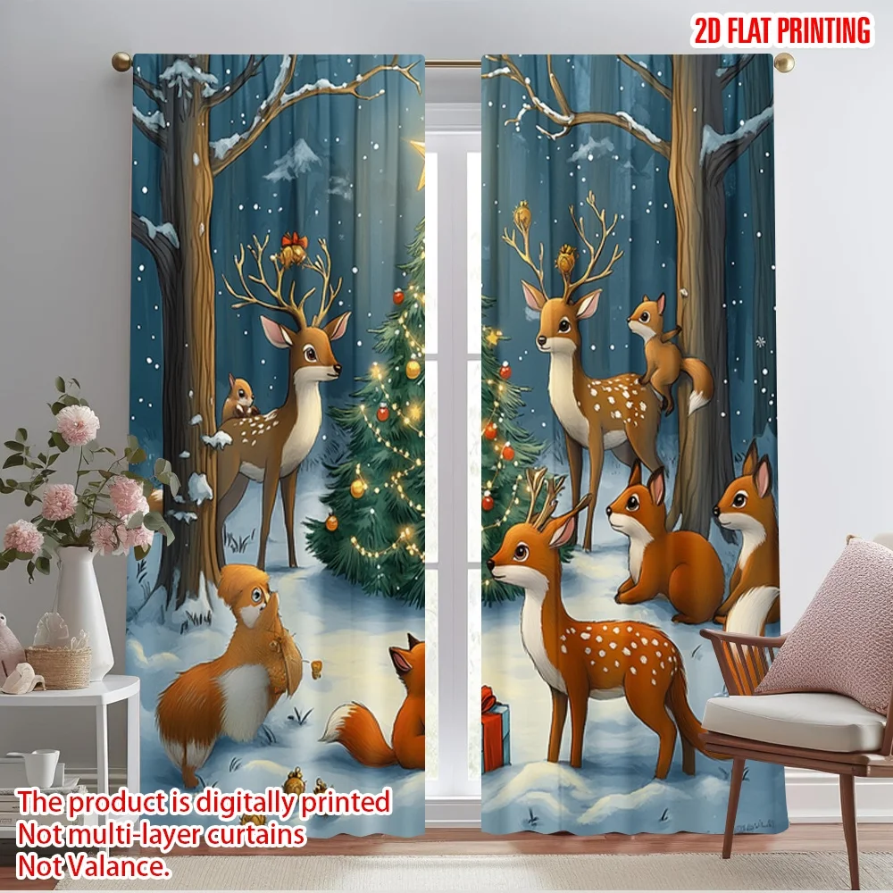 2pcs,2D plane printing Contemporary Curtains Forest Animals Christmas Woodland Festive Versatile Polyester Fabric (without rod)