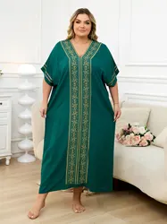 2024 Women Summer Plus Size Green Embroidery Printed Batwing Sleeve Kaftan Dress Beachwear Moo Moo Dresses Q1708