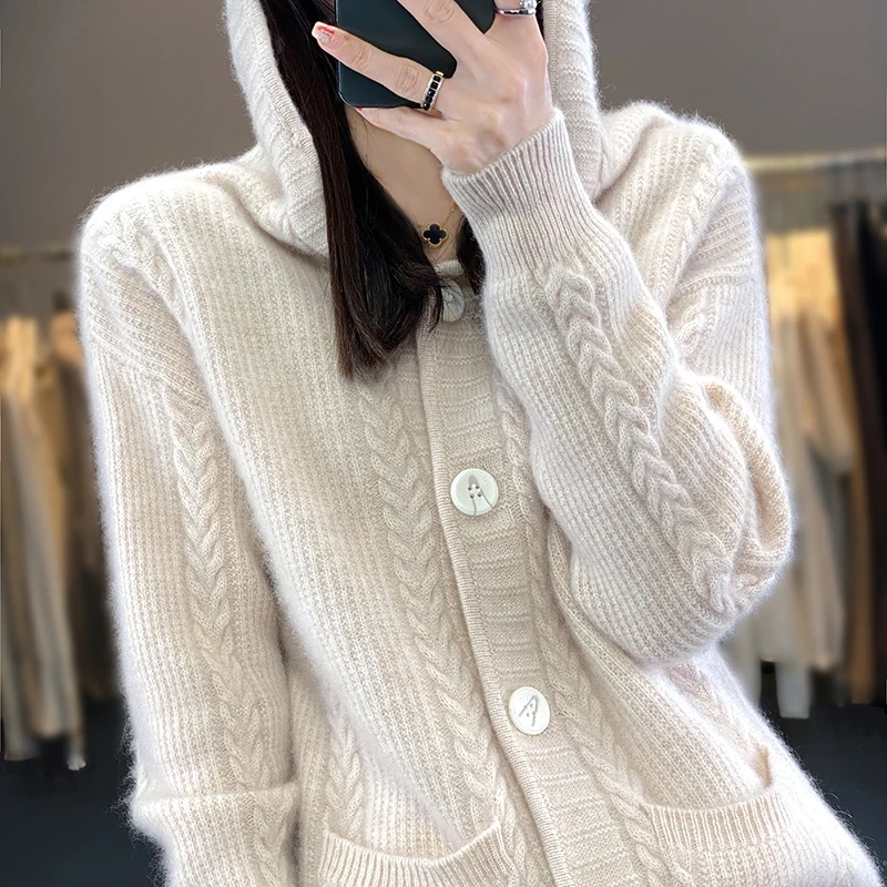 Autumn/Winter Thick Knitted Coat 100% Merino Wool Clothing Top Women\'s Fashion Korean Casual Twisted Hooded Cardigan Warm Jacket