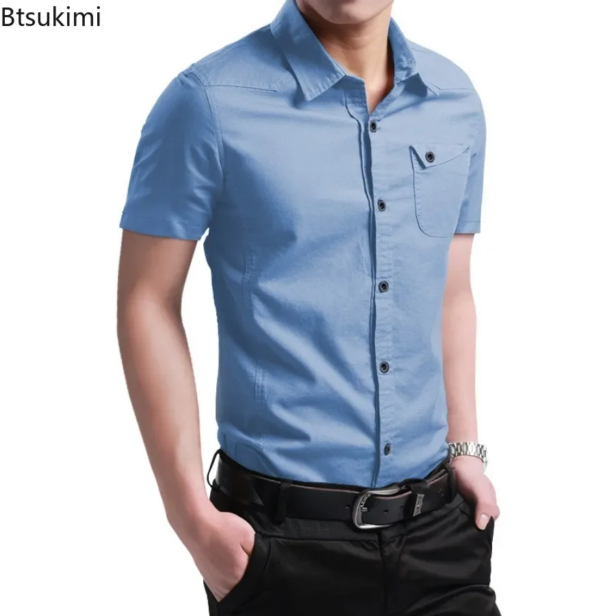 2024 Men\'s Summer Casual Short Sleeve Shirts Solid Cotton Male Fashion Tops Lapel Slim Fit Club Business Office Shirts Men M-5XL