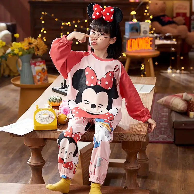 Kawaii Disney Anime Minnie Mouse Kids Pajamas Cute Spring Autumn Ventilation Comfortable Long Sleeves Nightgown Suit Girl Gift