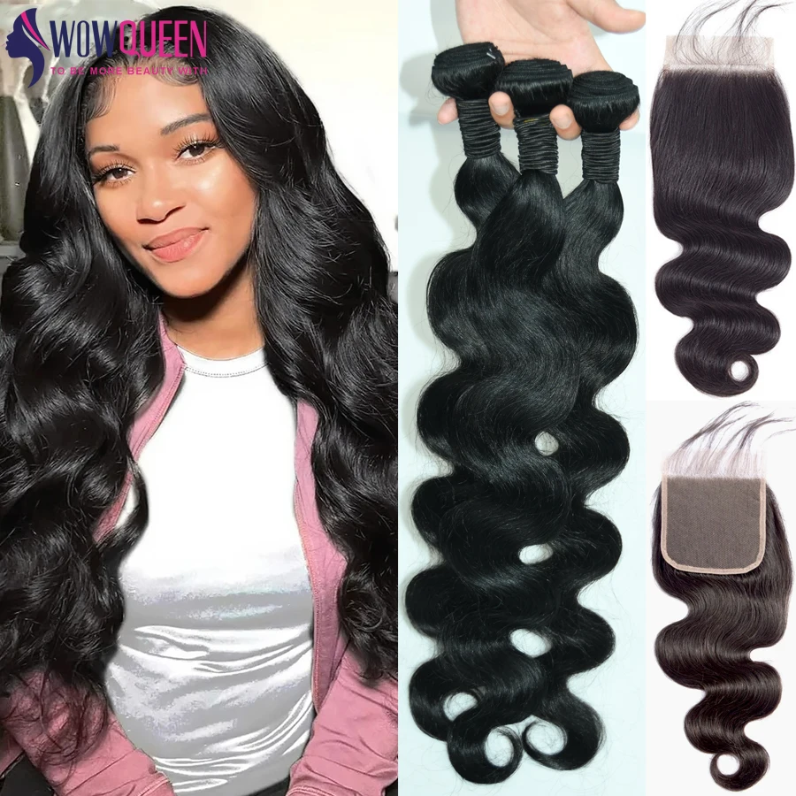 

34 36 38 40 Inch Body Wave Human Hair Bundles With Closure Lace 5x5 4x4 Brazilian Hair Weave Extensions 3/4 Bundles With Frontal