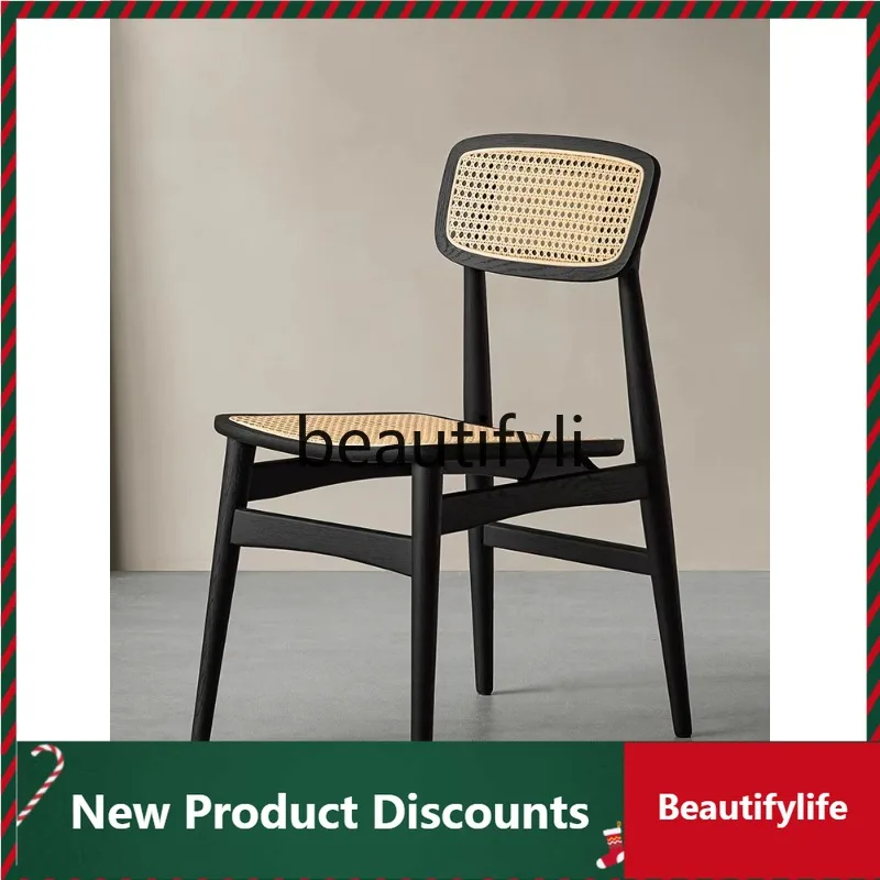 

Dining Chair Solid Wood Rattan Wabi-Sabi Style Book Chair White Oak Backrest Dining Room Study Home Simple