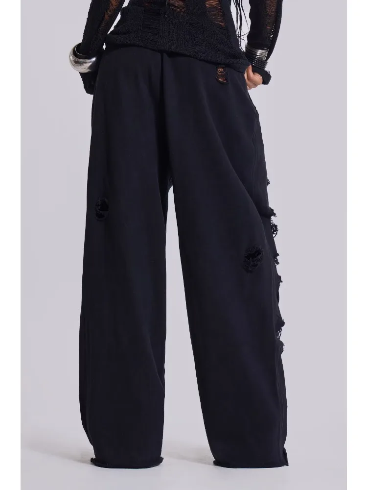 Deeptown Hole Black Women Pants Wide Leg American Retro Hip Hop Solid Sweatpants Distressed Baggy Monster Joggers Streetwear