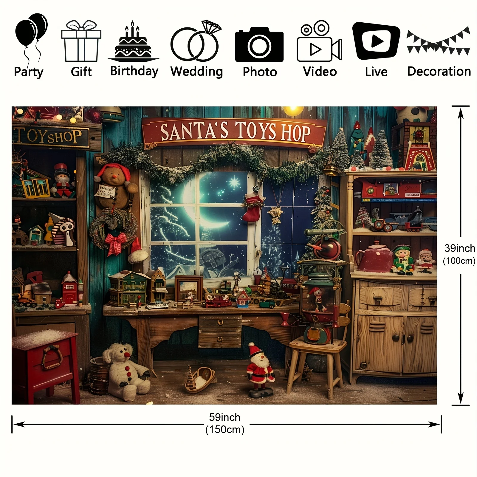 Santa Claus Toy Store Christmas Background Cloth - Snow and Moon Patterns, Suitable for Family Portraits and Party Decoration