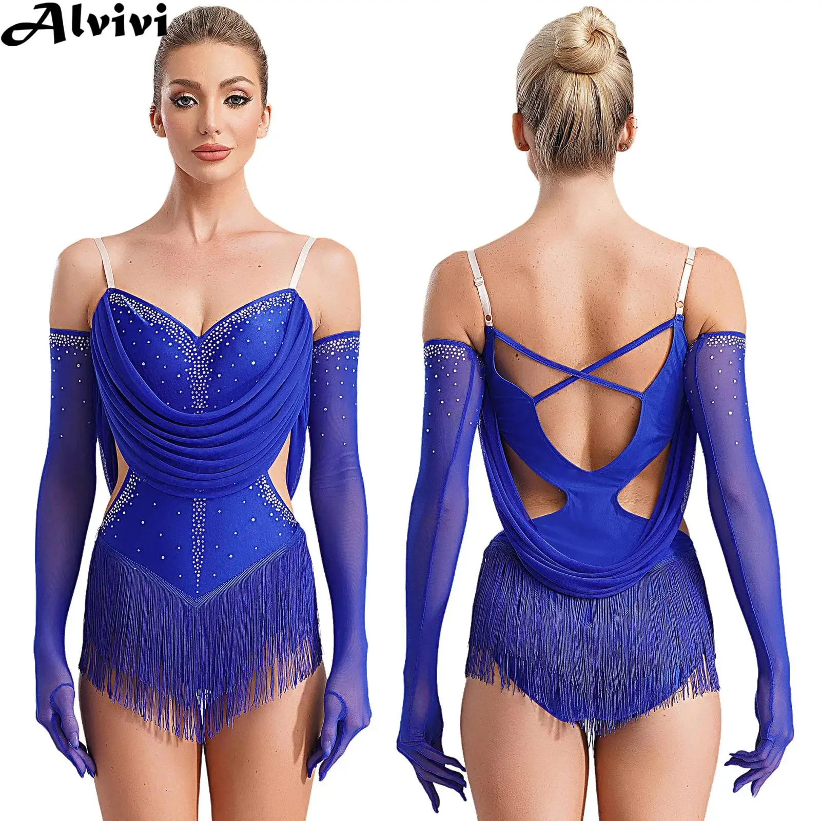 Women Figure Skating Dress Latin Dance Cha-cha Samba Tango Leotard Sleeveless Rhinestones Tassel Bodysuit with Gloves Dancewear