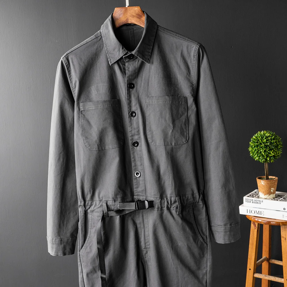 Men Gray Jumpsuits Long Sleeve Adjustable Waist Overalls Pockets Coveralls