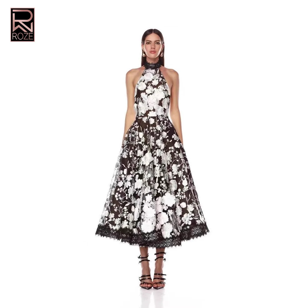 Robe dos nu florale collage – Robe dos ouvert et cintrée à la taille, robe d'ouverture de galerie